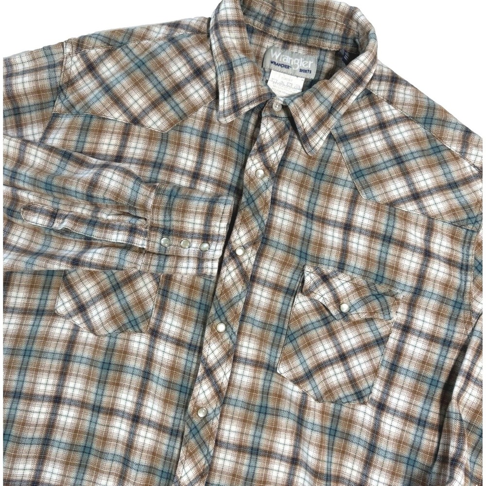 Wrangler Wrancher Western Shirt Mens 2XT Brown Plaid Pearl Snap Flannel Tall